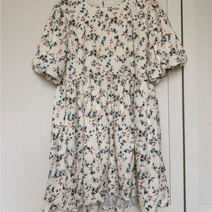 SHEIN Cream Floral Puff Sleeve Mini Dress with Blue & Brown Print